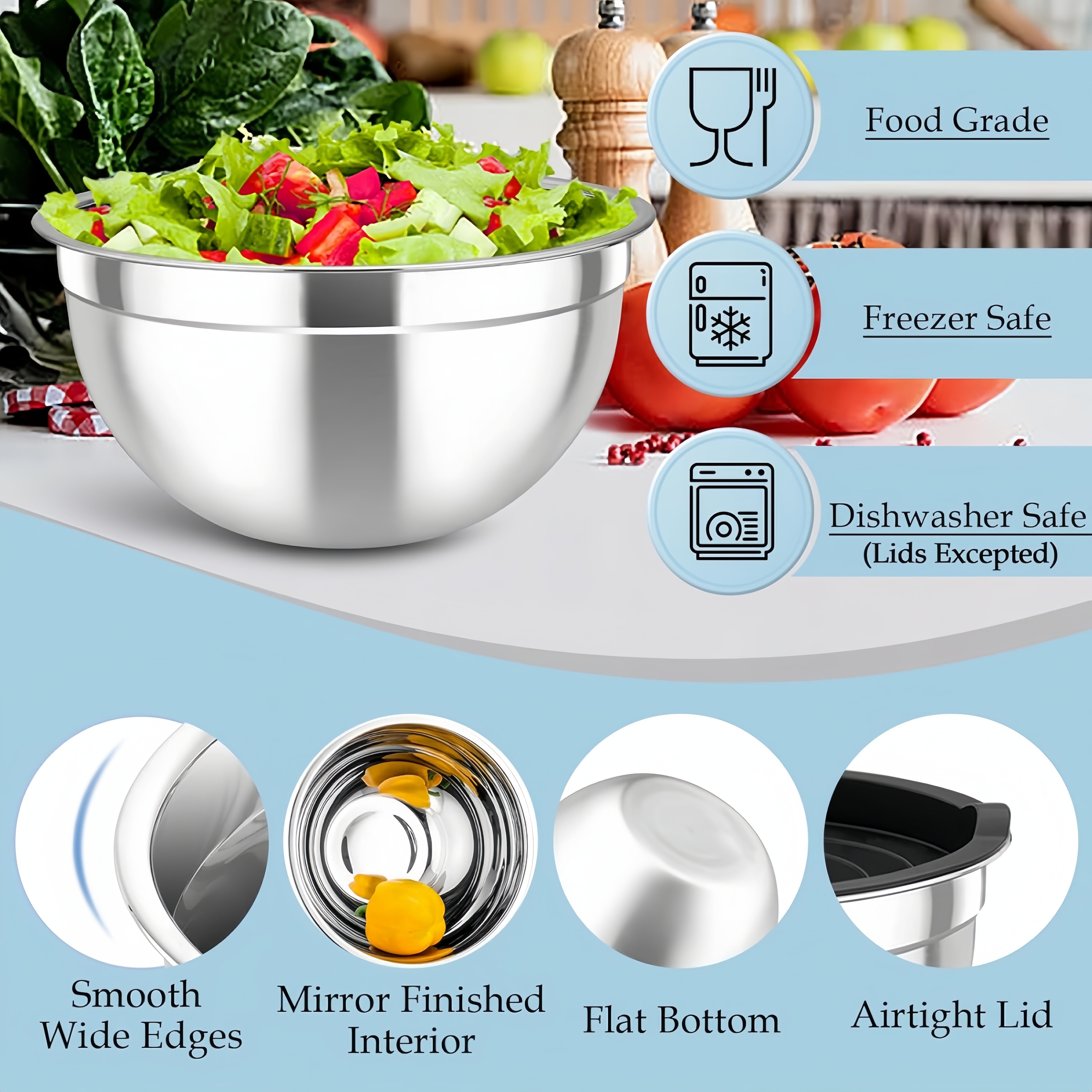 15-Piece Stainless Steel Mixing Bowls Set with Black Seal Covers and Grater Accessories