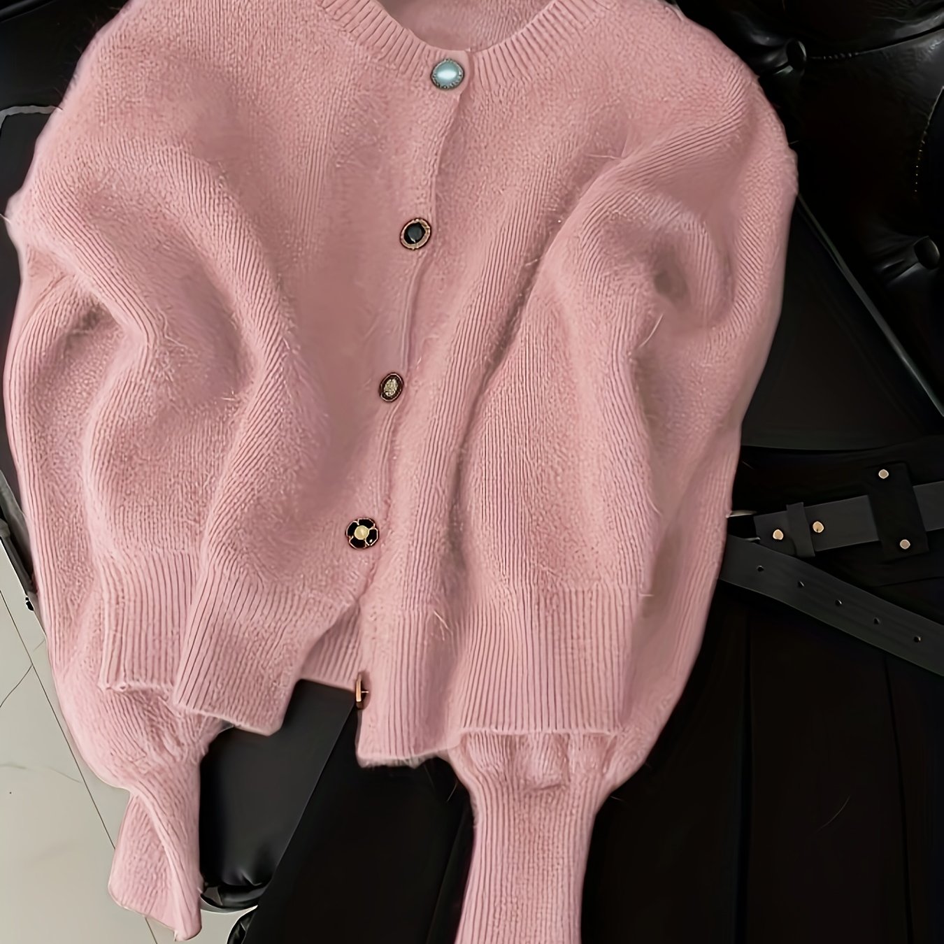 Women's Red Knit Cardigan Cozy Thick Sweater with Round Neck and Button-Up Design