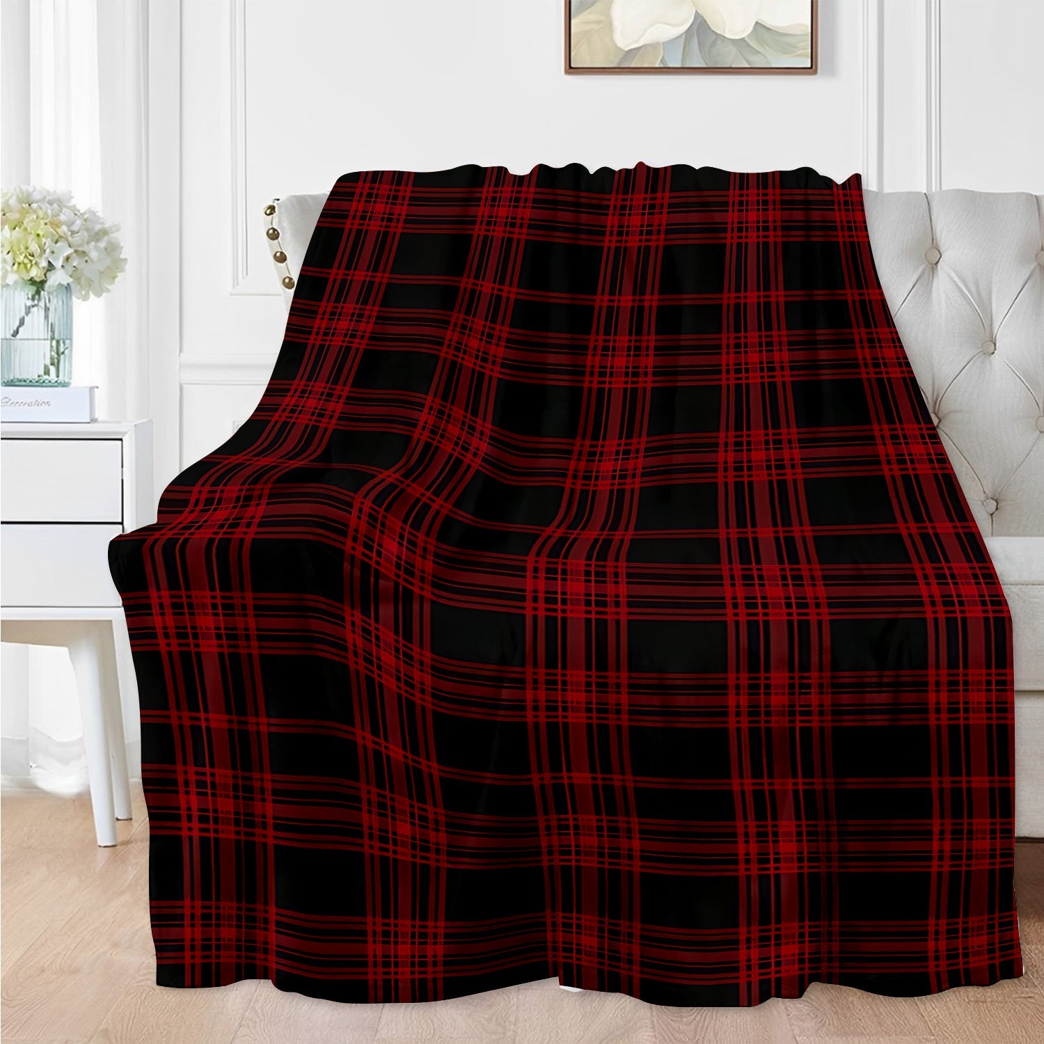 Red and Black Plaid Throw Blanket for Couch Bed and Office Use
