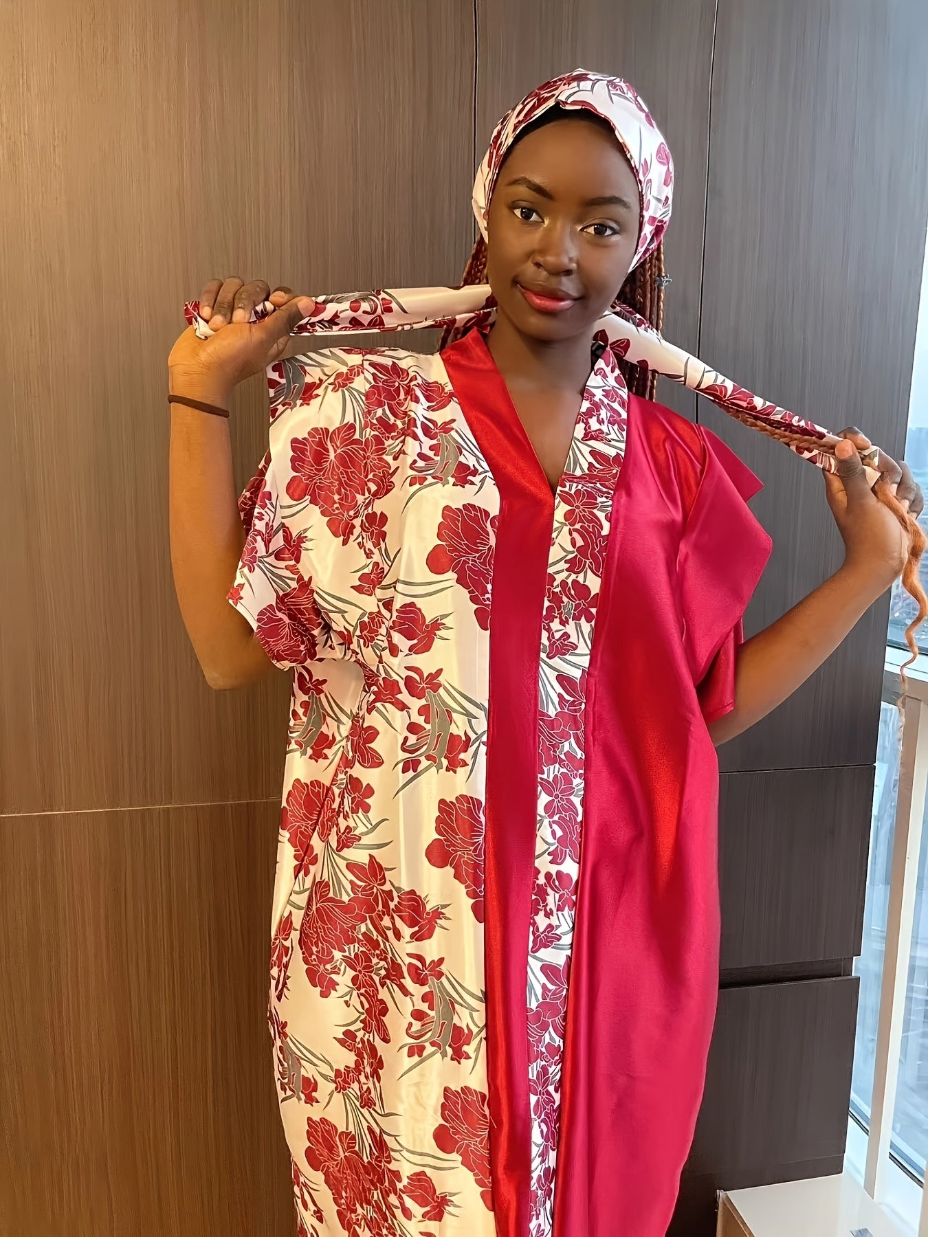 Women's Floral Print Turkish Kaftan Dress V-Neck Loose Fit All-Season