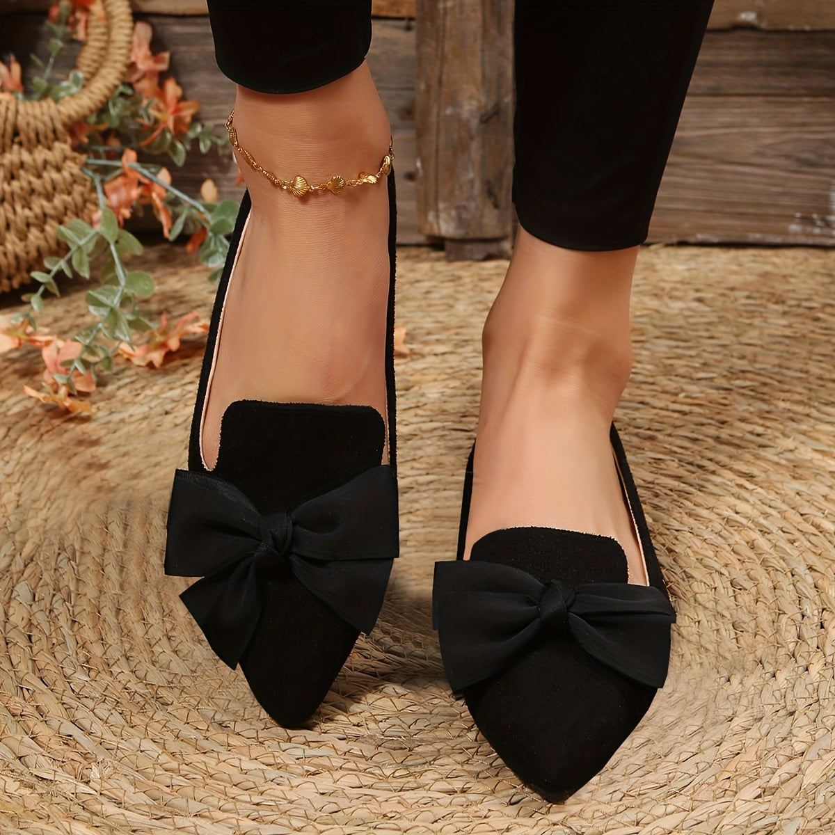 Women's Leopard Print Flat Shoes with Bowknot Decor Pointed Toe Lightweight Slip-On