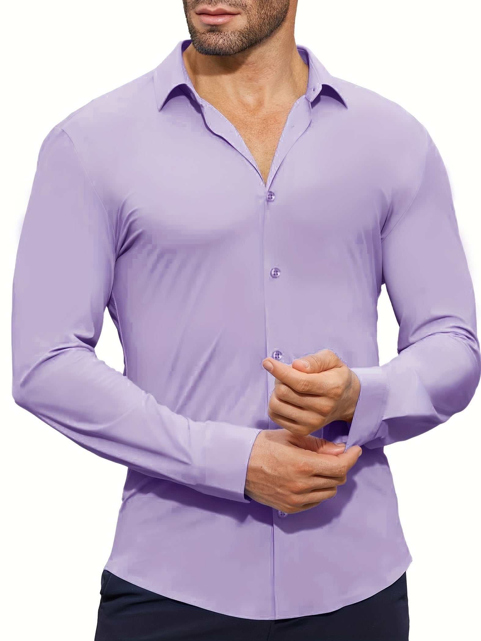Men's Solid Color Woven Cotton Spandex Long Sleeve Shirt for Casual Wear