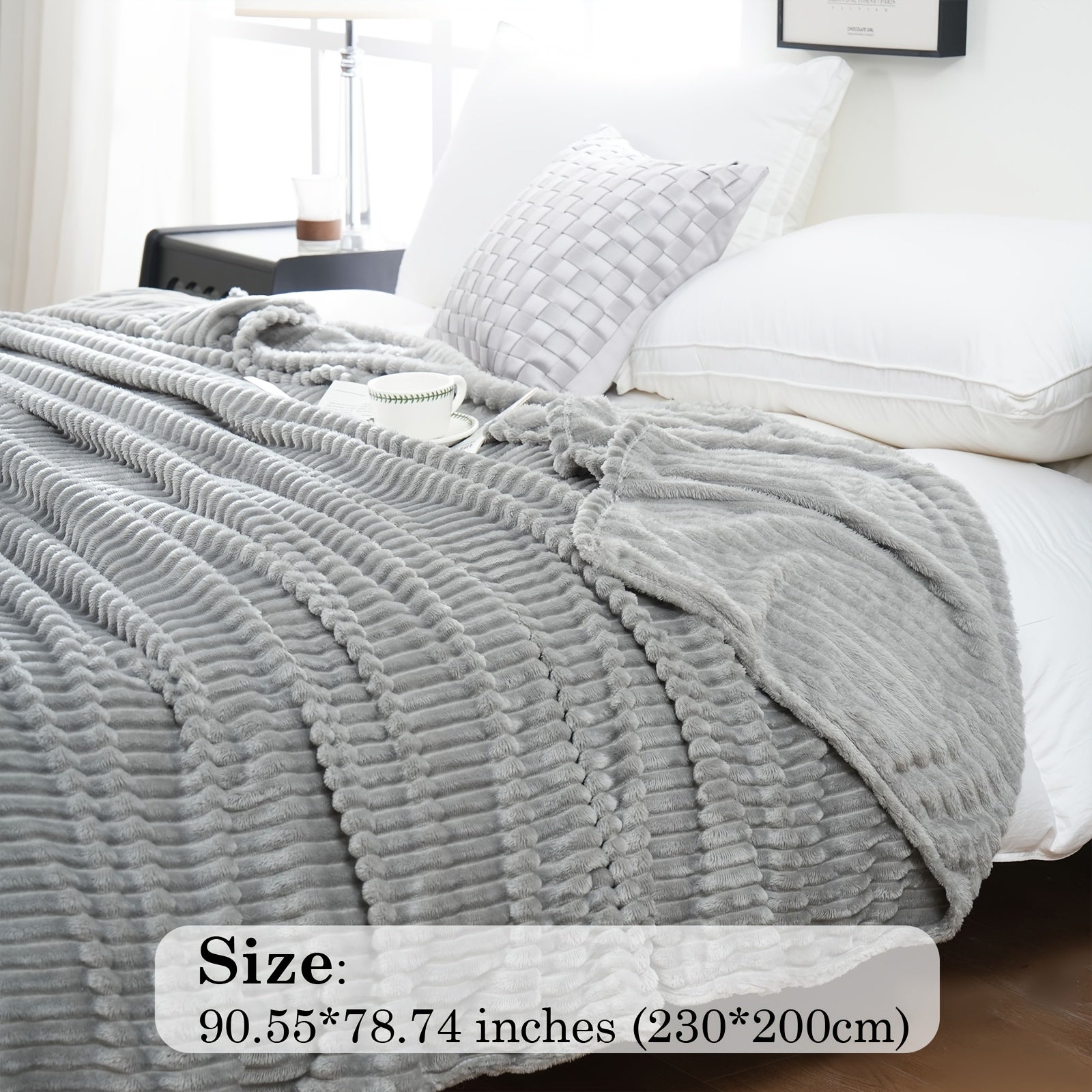 Flannel Throw Blanket 220GSM Ribbed Soft Warm All-Season Bed Sofa Office White Gray Black Beige
