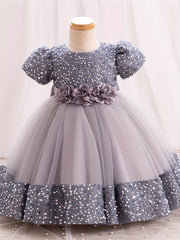 Girls Sparkling Midi Dress with 3D Flower Decor Sequin and Belt for Weddings Parties