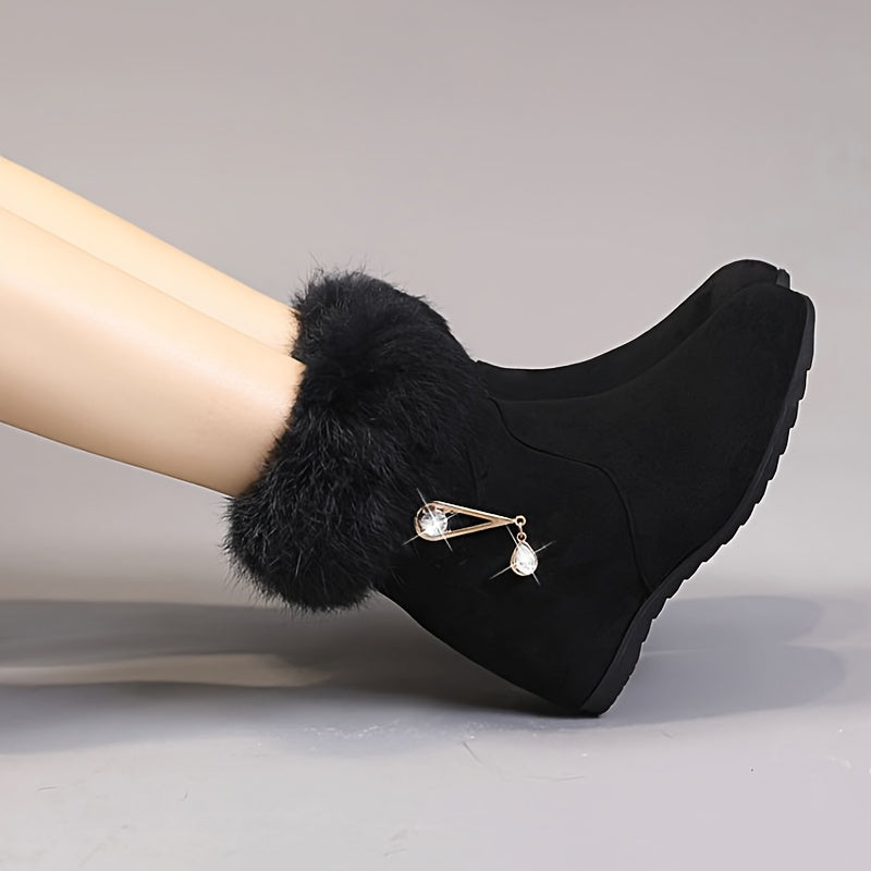 Women's Winter Plush Furry Boots with Rhinestone Chain Black Warm Shoes
