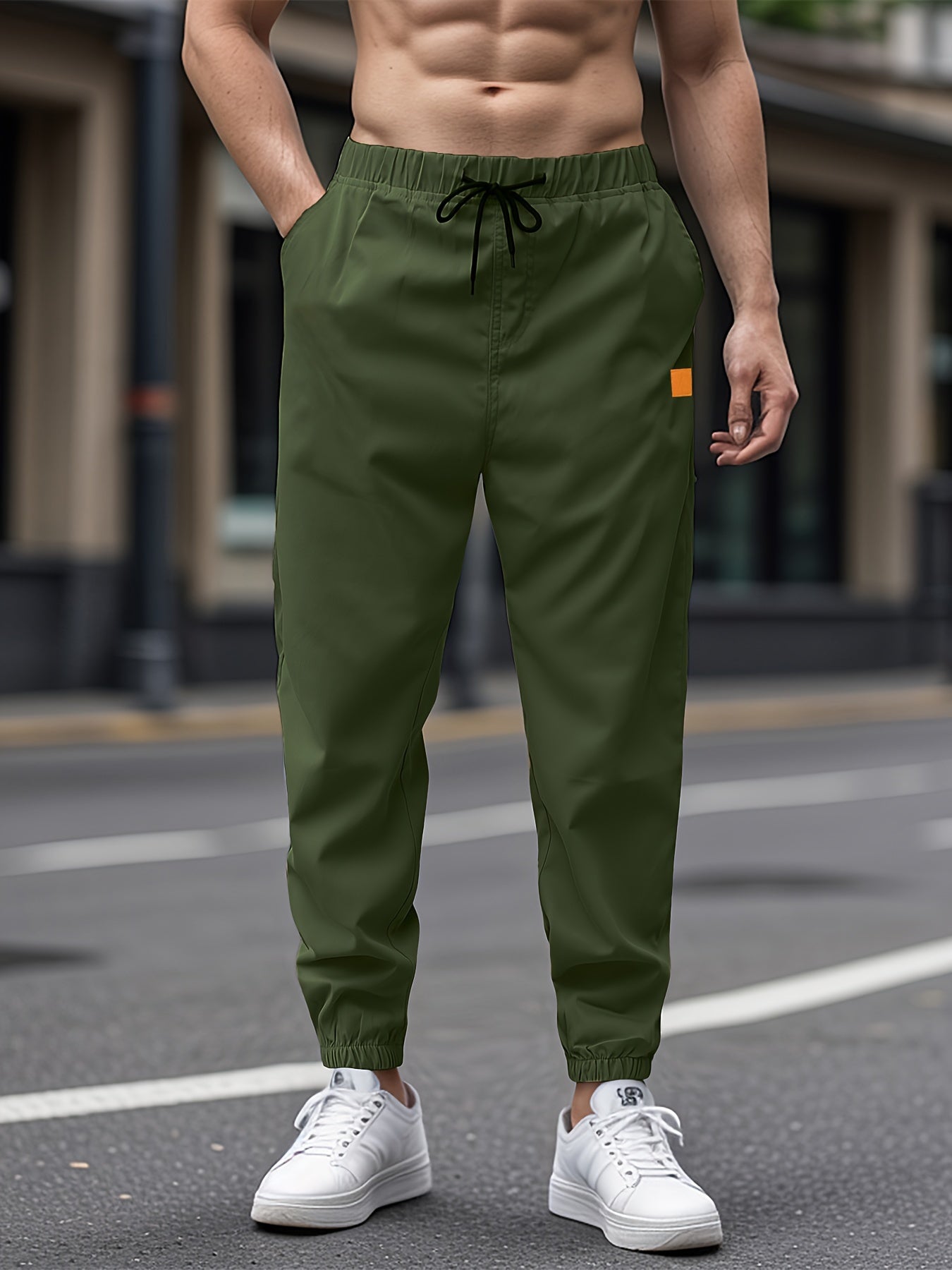 Men's Casual Woven Polyester Drawstring Pants Solid Color Regular Fit All-Season
