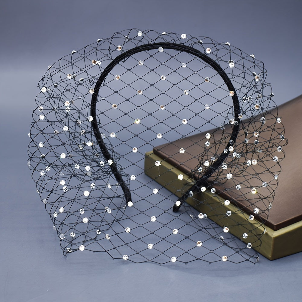 Bridal Fascinator with Birdcage Veil and Black Face Net Mask on White Headband for Women