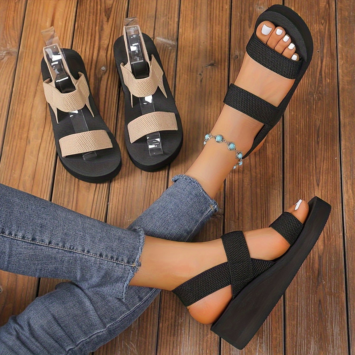Women Solid Color Casual Platform Wedge Sandals with Elastic Slip On