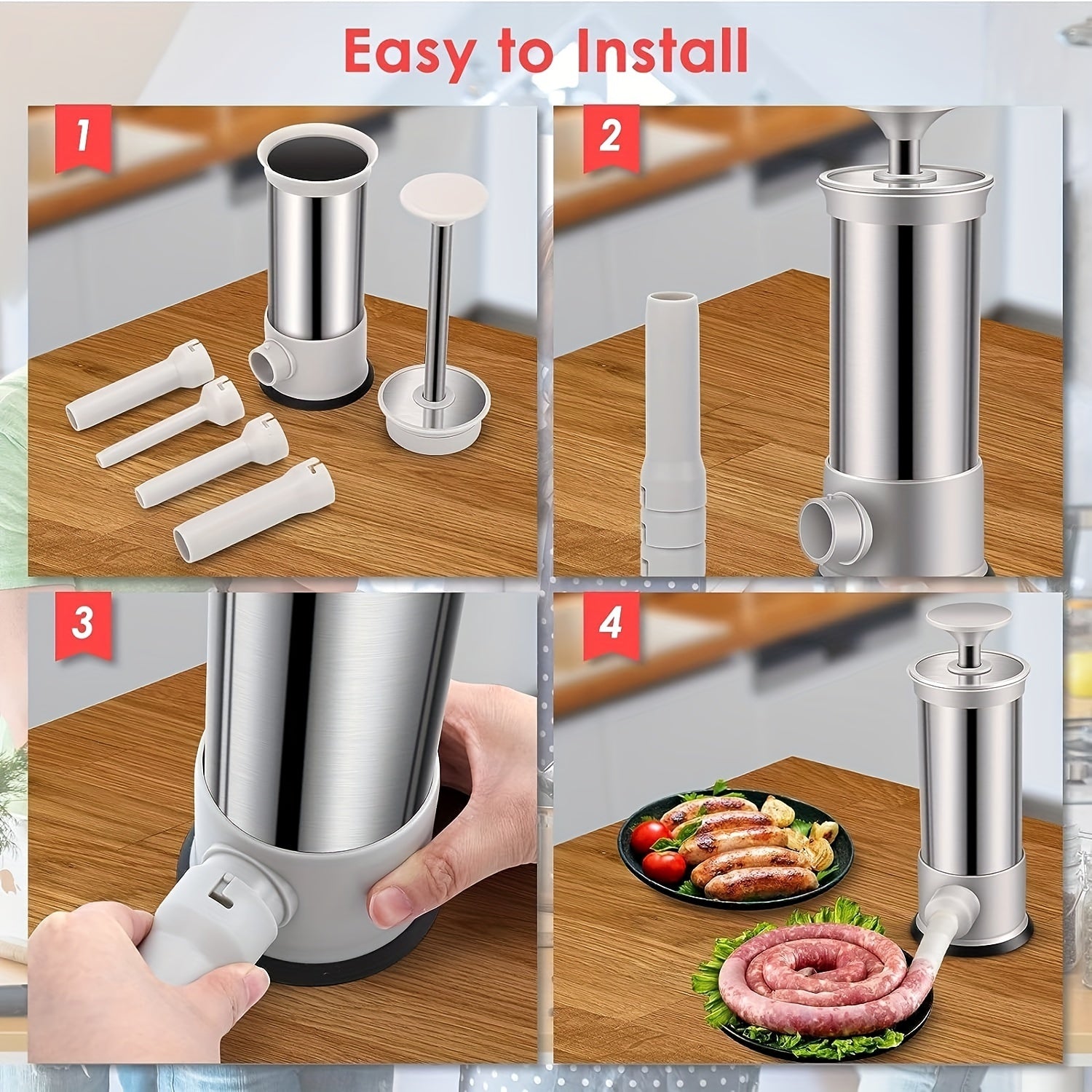 Stainless Steel Sausage Stuffer Machine with Tubes Manual Salami Maker Kitchen Tool