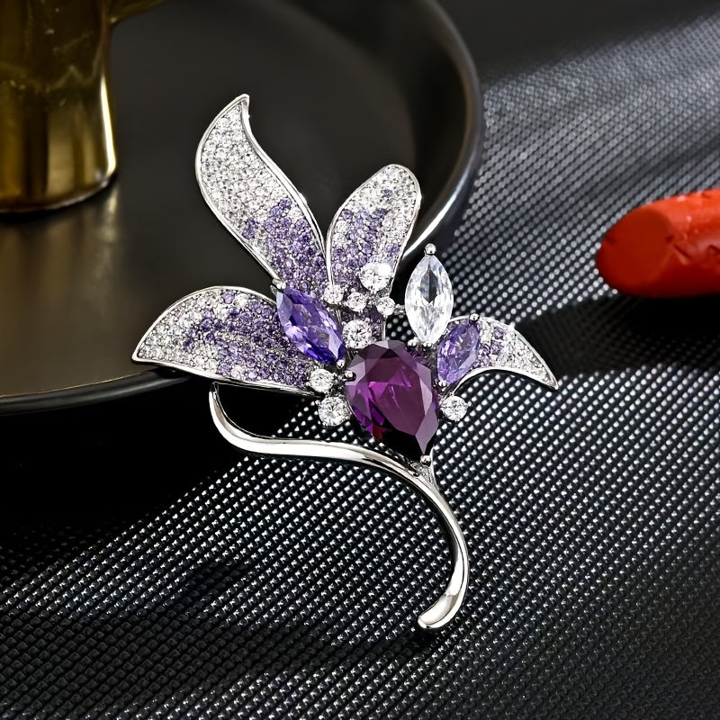 Purple Lily Rhinestone Brooch Pin for Women Stylish Jewelry Accessory