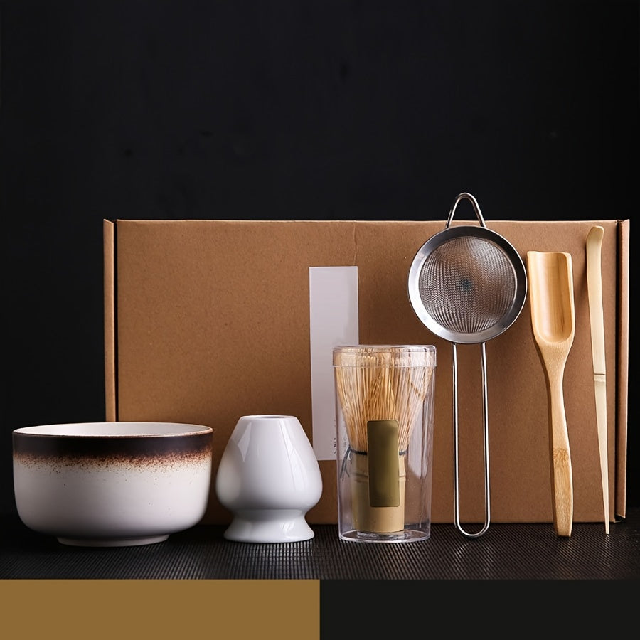Set de ceremonia del té Matcha japonés con batidor de bambú, cuenco, cuchara, colador y soporte