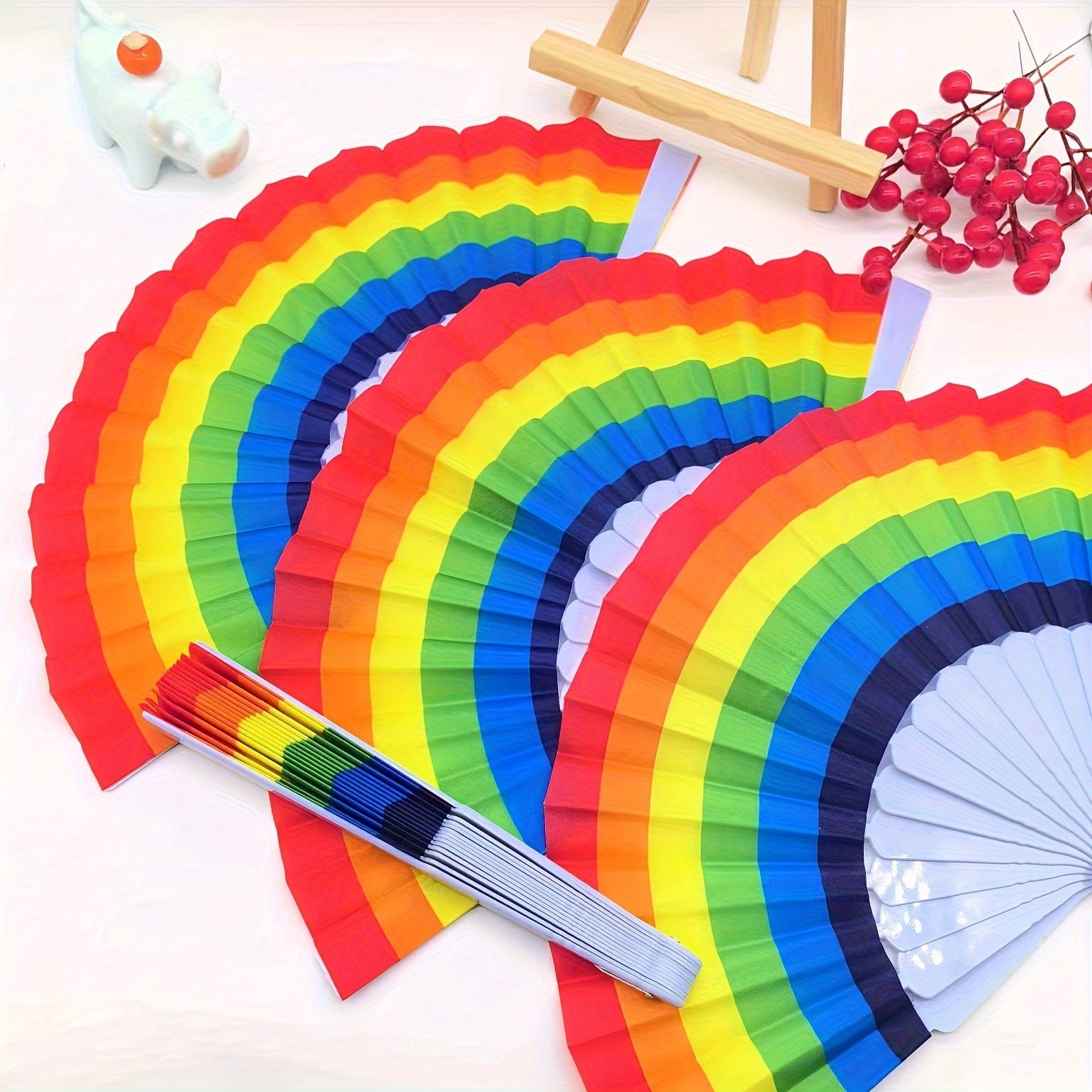 Set of 12 Rainbow Folding Fans Linen Fabric for Women Festive Party Decor