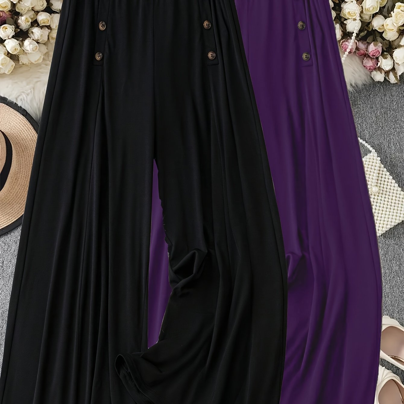 Women's Plus Size Wide-Leg Pants Elastic Waist Casual Trousers Burgundy Yellow