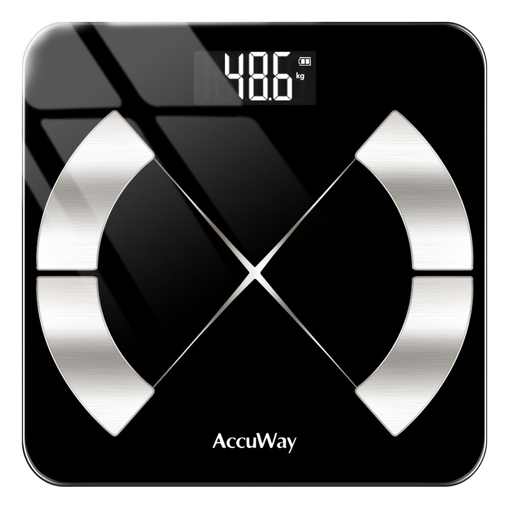 ACCUWAY Aqlli Hammom Tarozisi aniqlik, HD ko'rsatkich, 181.44KG sig'im, BMI va mushak namligi tahlili, hamda mobil ilova bilan ulanish imkoniyatiga ega.