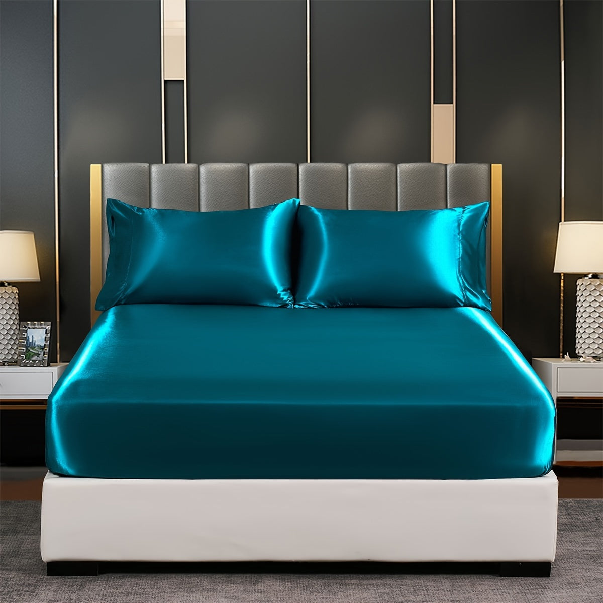 Satin Solid Color Fitted Sheet Luxuriously Soft Bedding for Bedroom and Guest Room