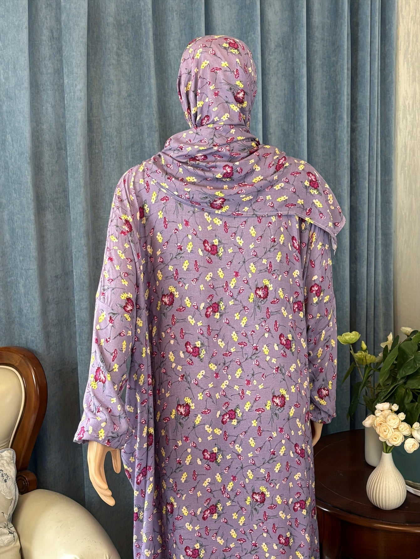 Plus Size Hooded Abaya with Lantern Sleeves Full-Length Cover Dress Ramadan Eid