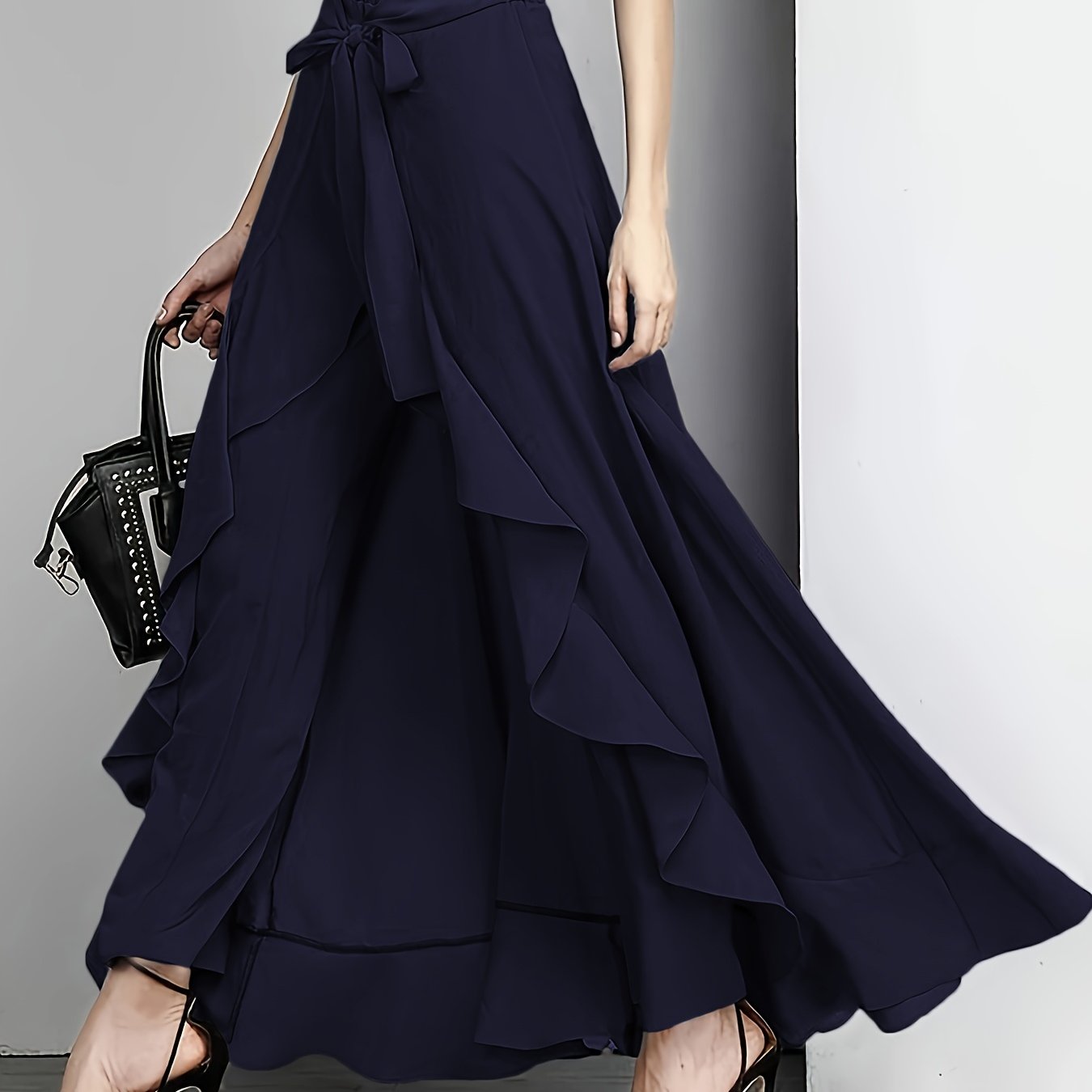 Plus Size Navy Wide-Leg Pants with Tie-Front Detail Non-Stretch Polyester Casual All-Season