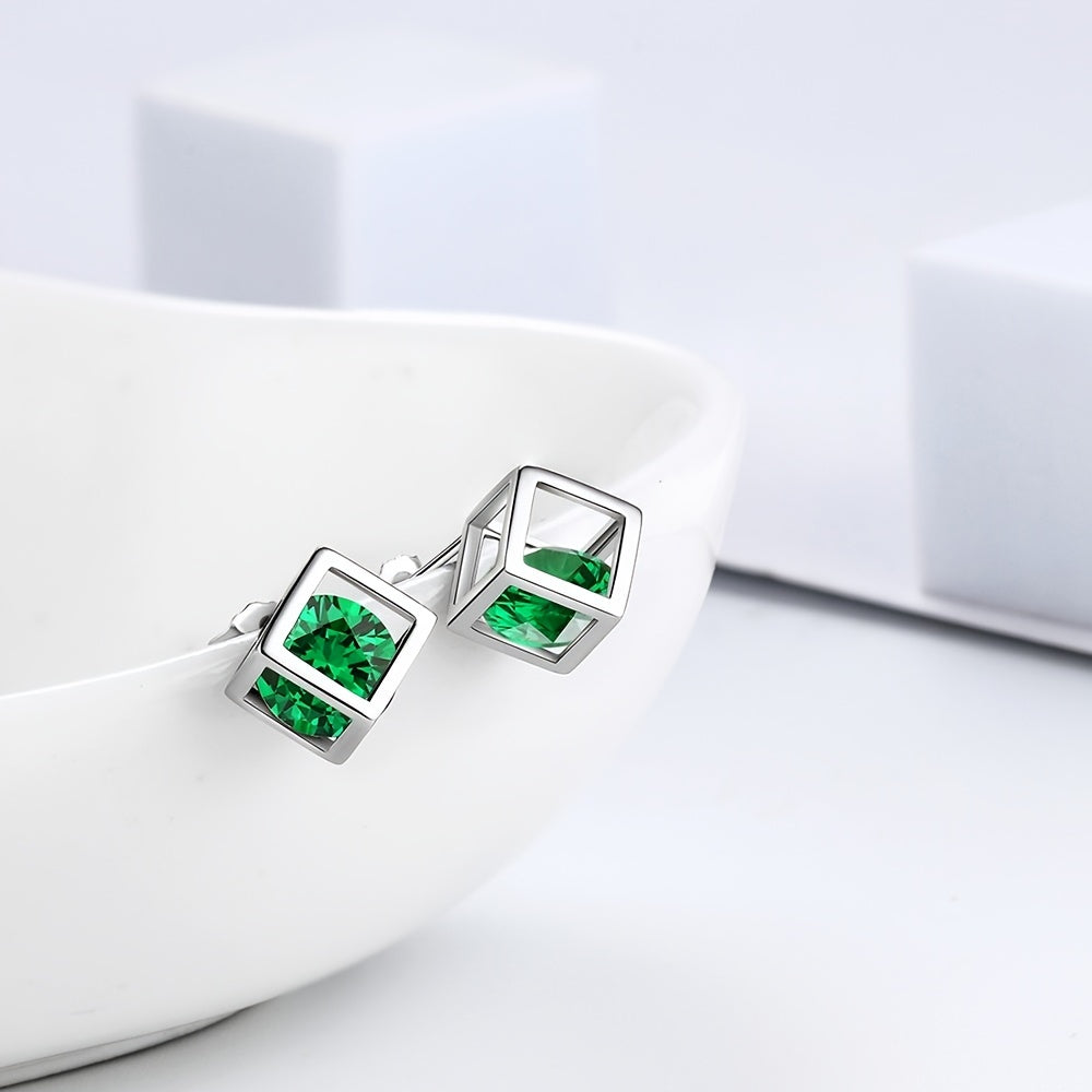 Small 3D Cube Birthstone Stud Earrings for Women Sterling Silver Minimalist Birthday Gift