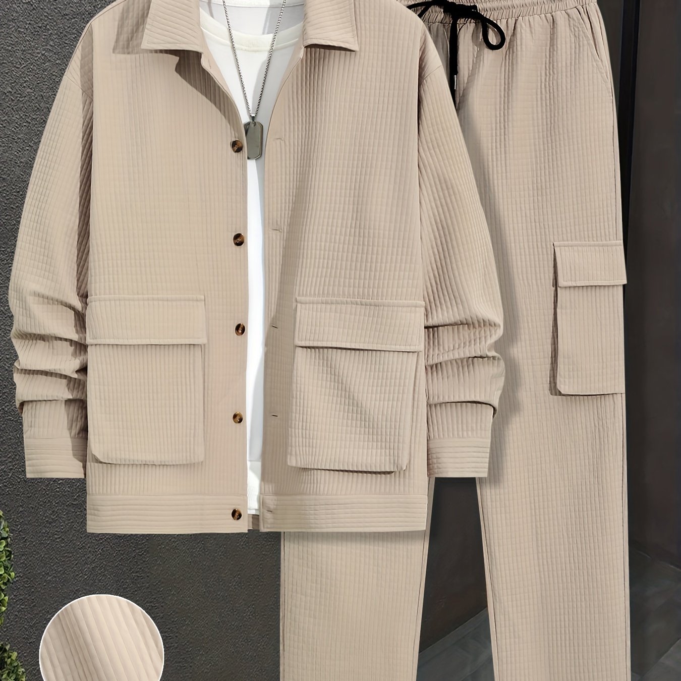 Men's Solid Color Polyester Long-Sleeved Shirt and Drawstring Casual Pants Set