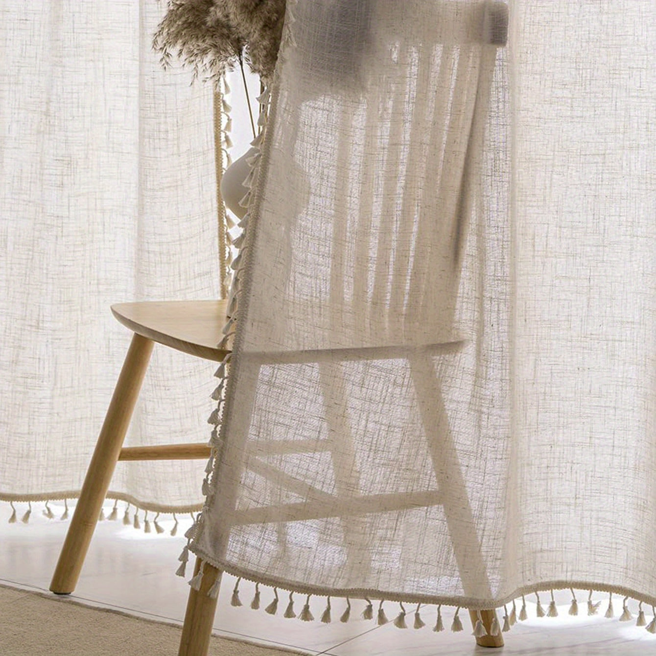 Beige Lace Linen Sheer Curtain with Tassels for Bedroom Living Room Office