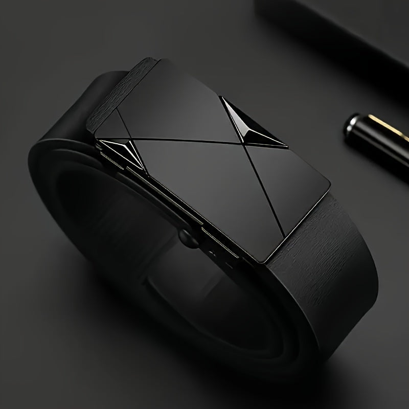 Men's Black Casual Leather Belt with Automatic Buckle for Jeans and Business Attire