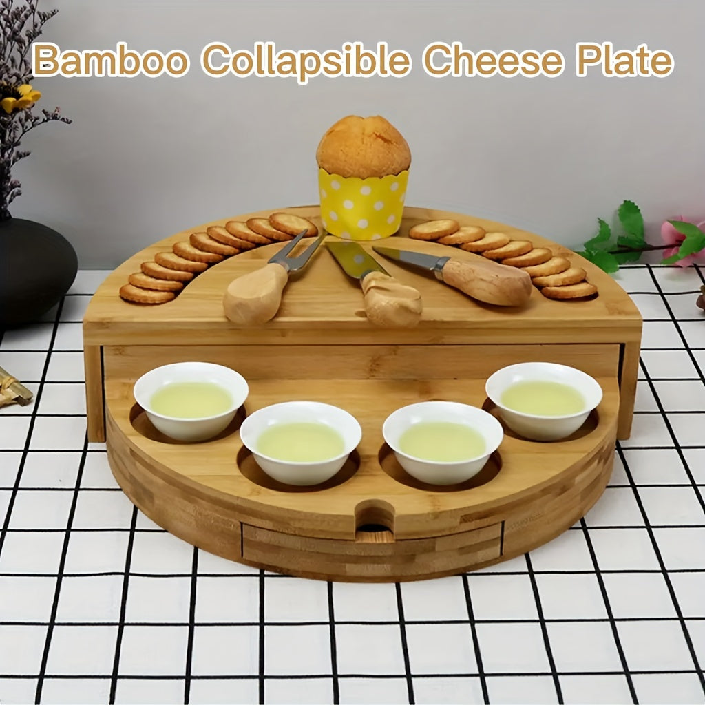 Bamboo Cheese Board Set with Slide-Out Drawer and Foldable Storage for Entertaining