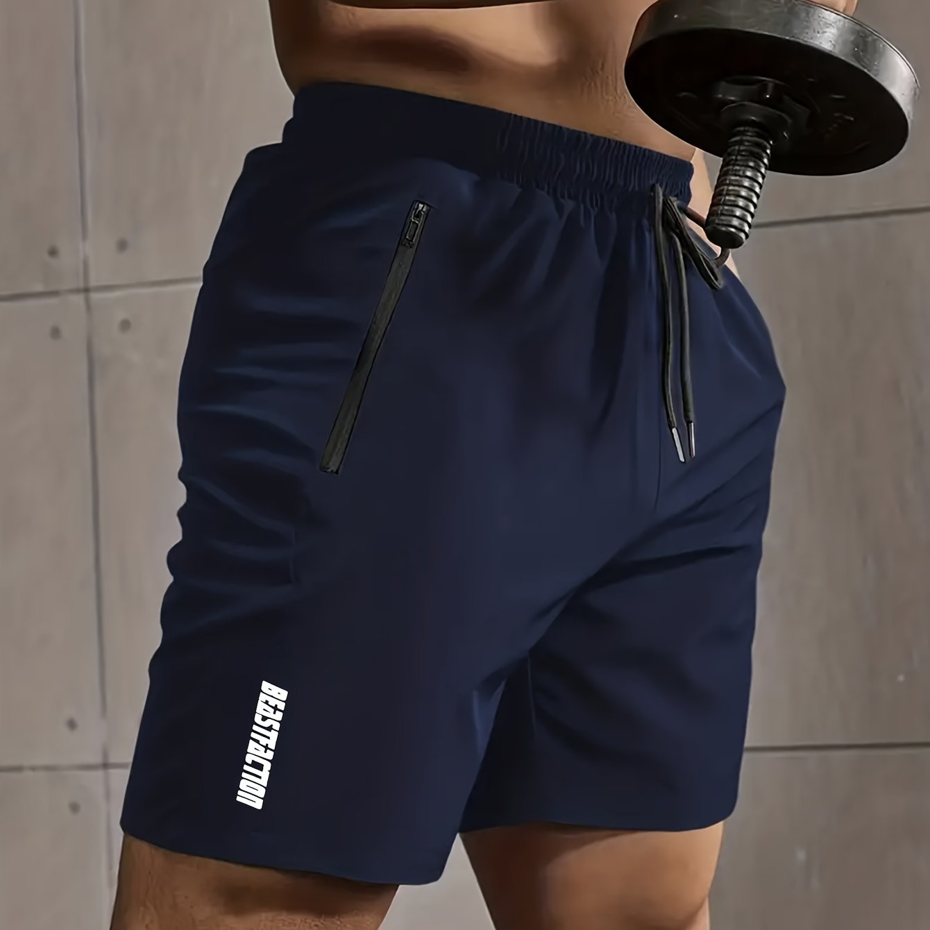 Men's Polyester Shorts with Zipper Pockets Elastic Waist Drawstring Summer Fitness