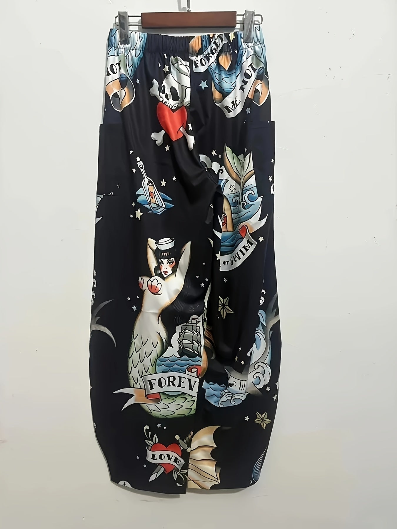 Plus Size Women's Polyester Knit Mermaid Print Wide Leg Pants with Pockets