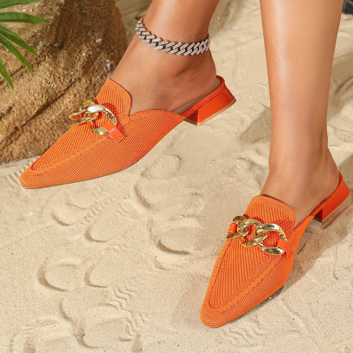 Women's Black Mules with Metallic Chain Pointed Toe Low Heel Flats