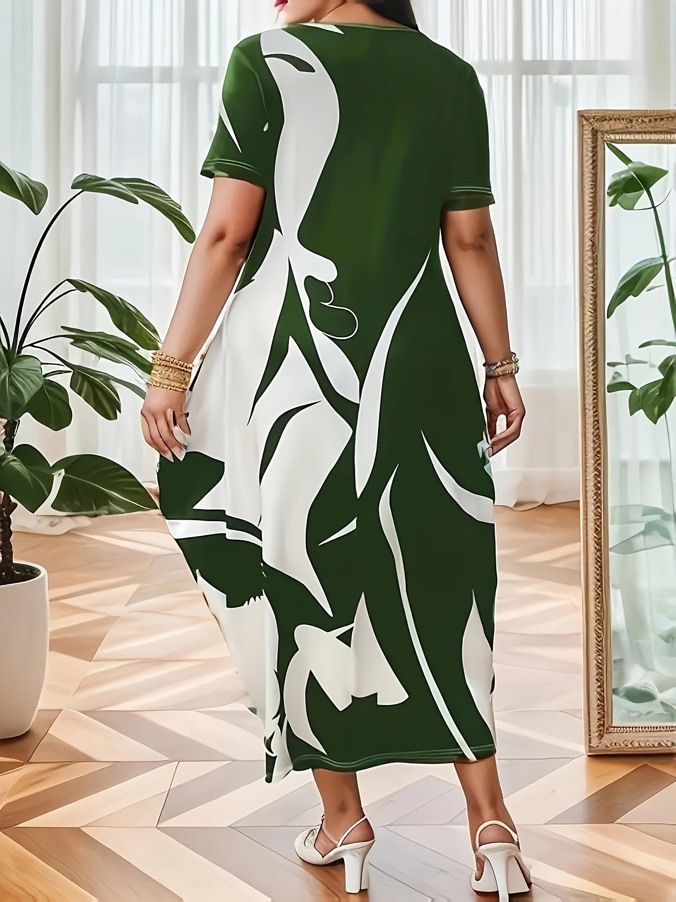 Ayollar uchun midi ko'ylak, tasodifiy krujka, qisqa yenglar, cho'ziluvchan mato, bahor/yaz uchun ideal