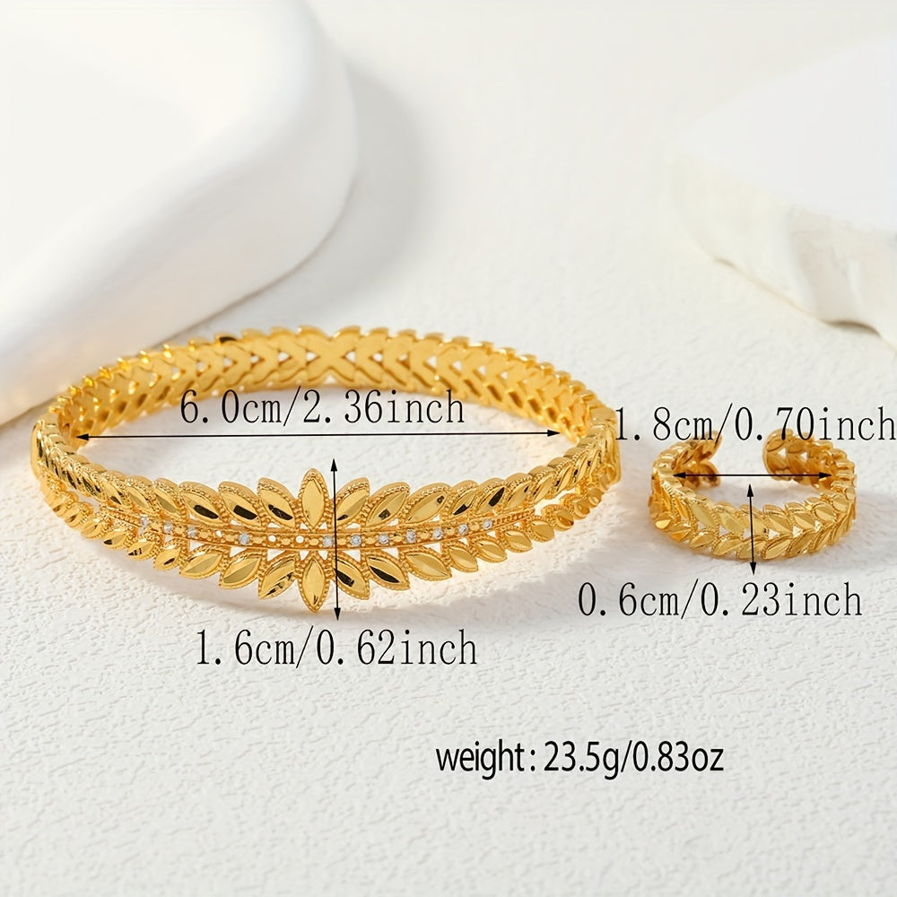 Ayollar uchun zamonaviy 2-qismli zargarlik to'plami - Moslashuvchan bug'doy quloq qopqog'i bilaguzuk va uzukni o'z ichiga oladi, porloq zirkoniya bilan bezatilgan retro dizayn, tug'ilgan kunlari va har kuni foydalanish uchun ideal sovg'a.