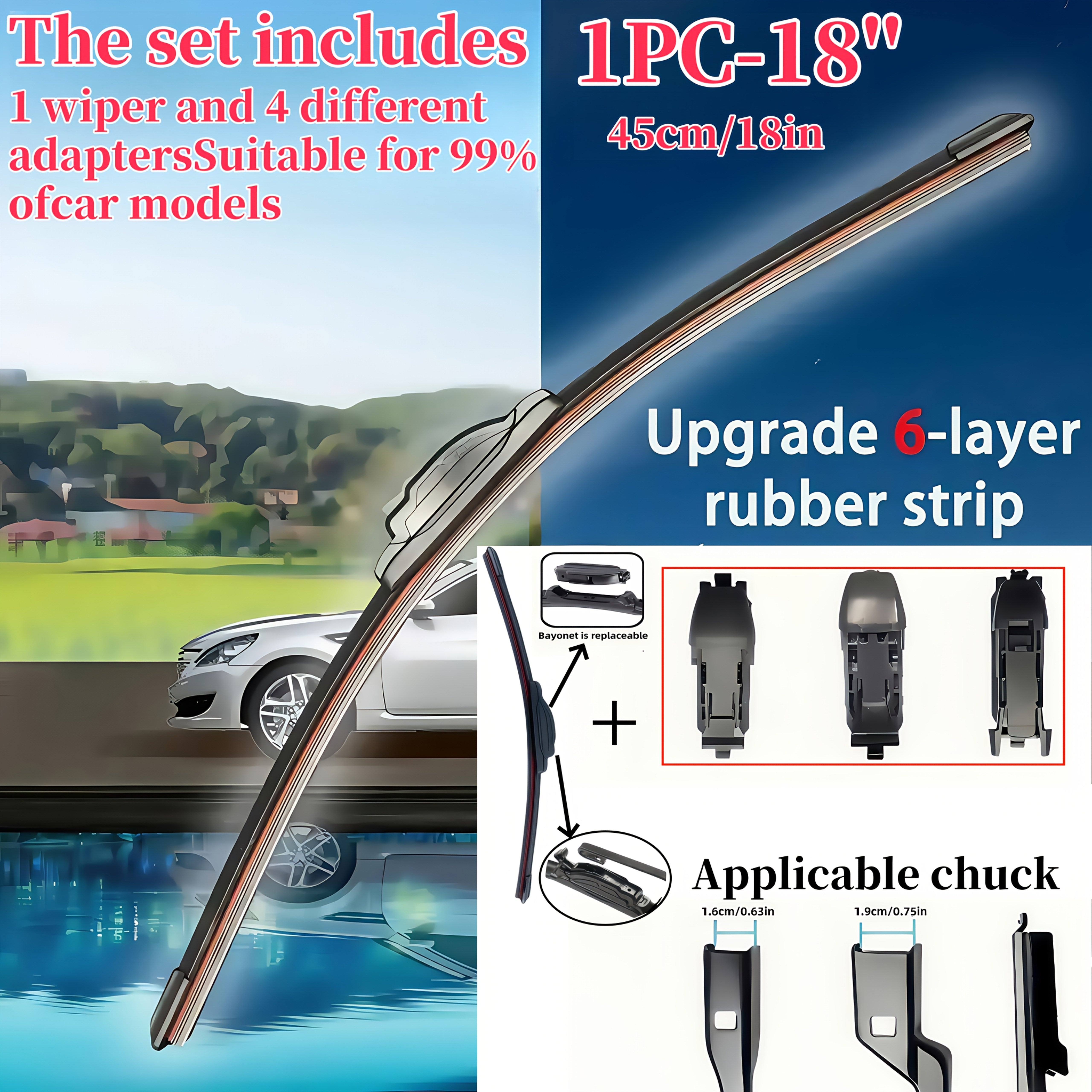 Car Windshield Wiper Blade Set with Adapters 35-71cm Durable Rubber Quiet