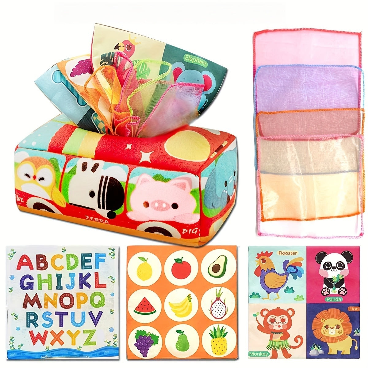 Animal Sensory Learning Toy Set with Tissue Box, Scarf and Crinkle Paper for Kids