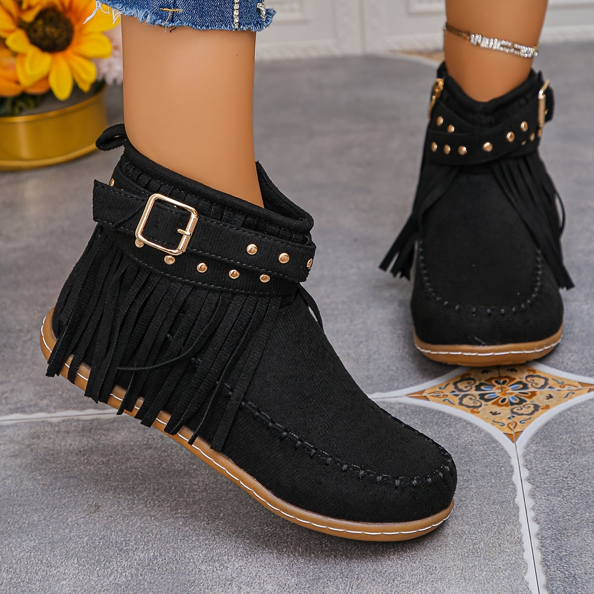 Women’s Short Boots With Tassel Decor, Side Zipper, Comfortable Winter Boots
