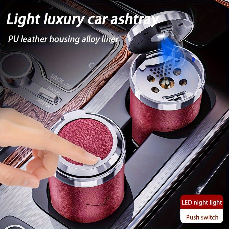 Car Ashtray with PU Leather Anti-Flying Ash Design LED Automatic Lighting Replaceable Battery Black