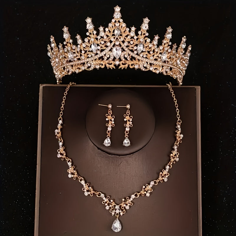 Bridal Jewelry Set Rhinestone Crown Necklace Earrings Wedding Accessories Alloy for Women