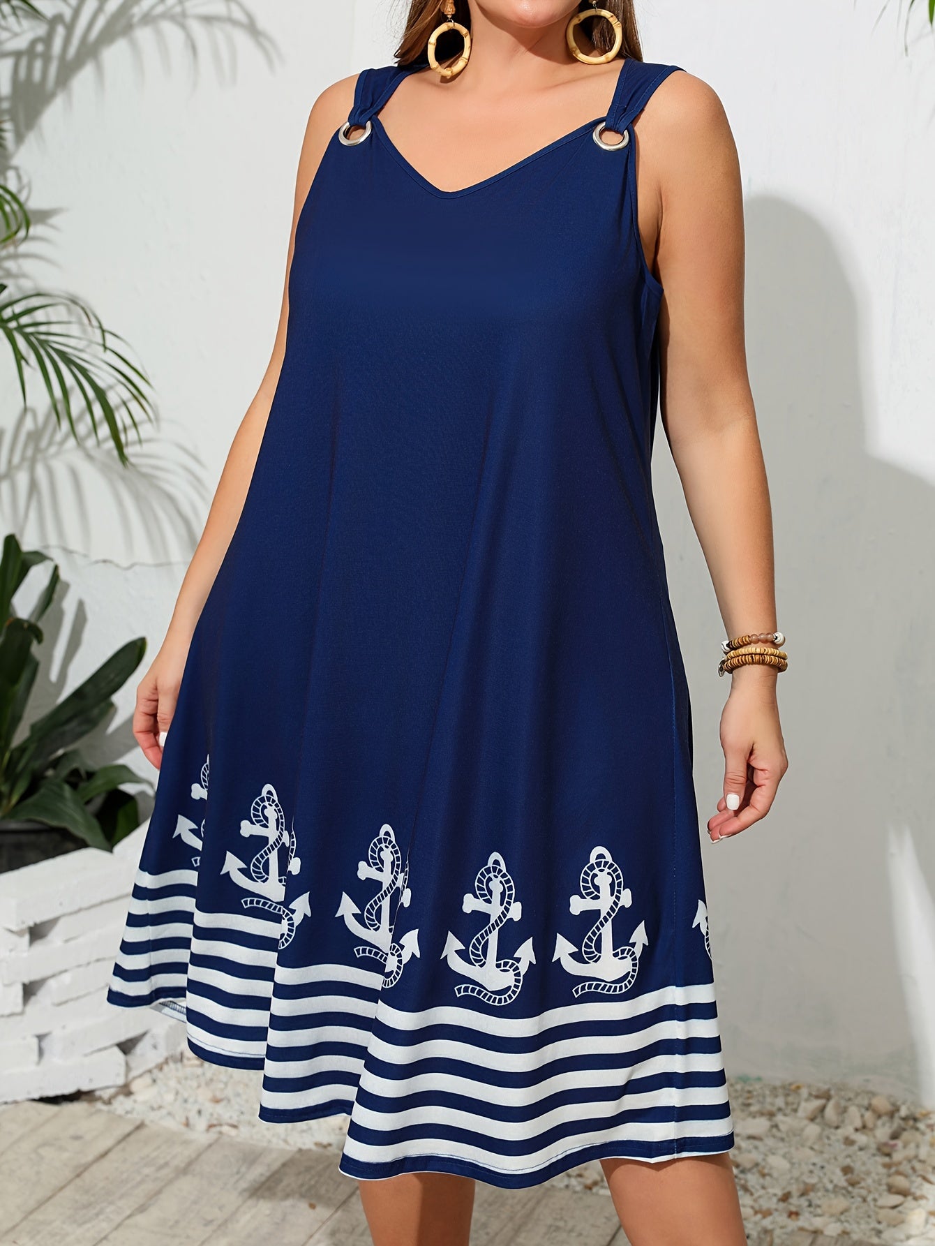 Plus Size Striped V-Neck Tank Dress with Ring Detail for Vacation Spring Summer