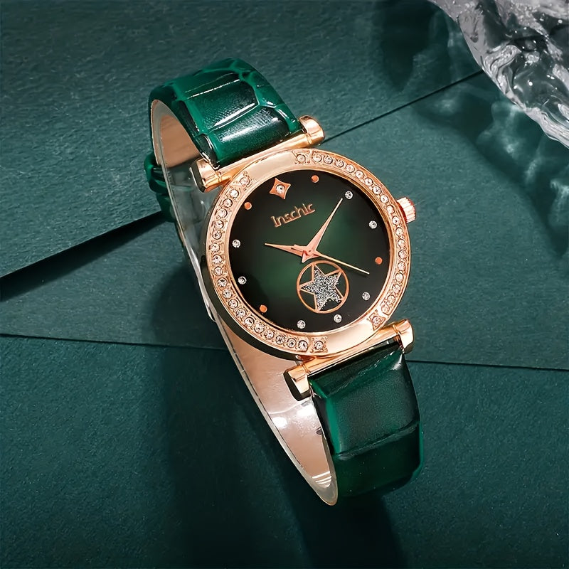Green Quartz Watches with PU Leather Straps Zinc Alloy Dials Jewelry Gifts for Mother's Day Easter Ramadan Eid