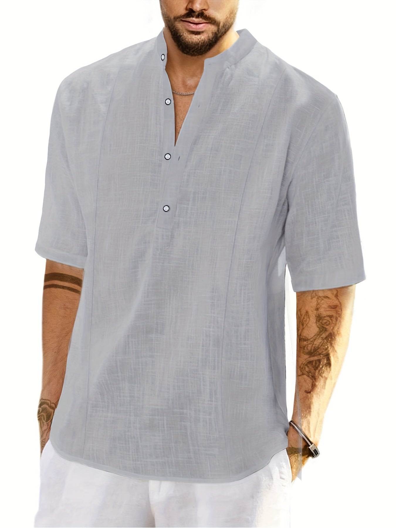 Men's Navy Blue Linen Cotton Henley Shirt Summer Casual Loose Fit Plus Size