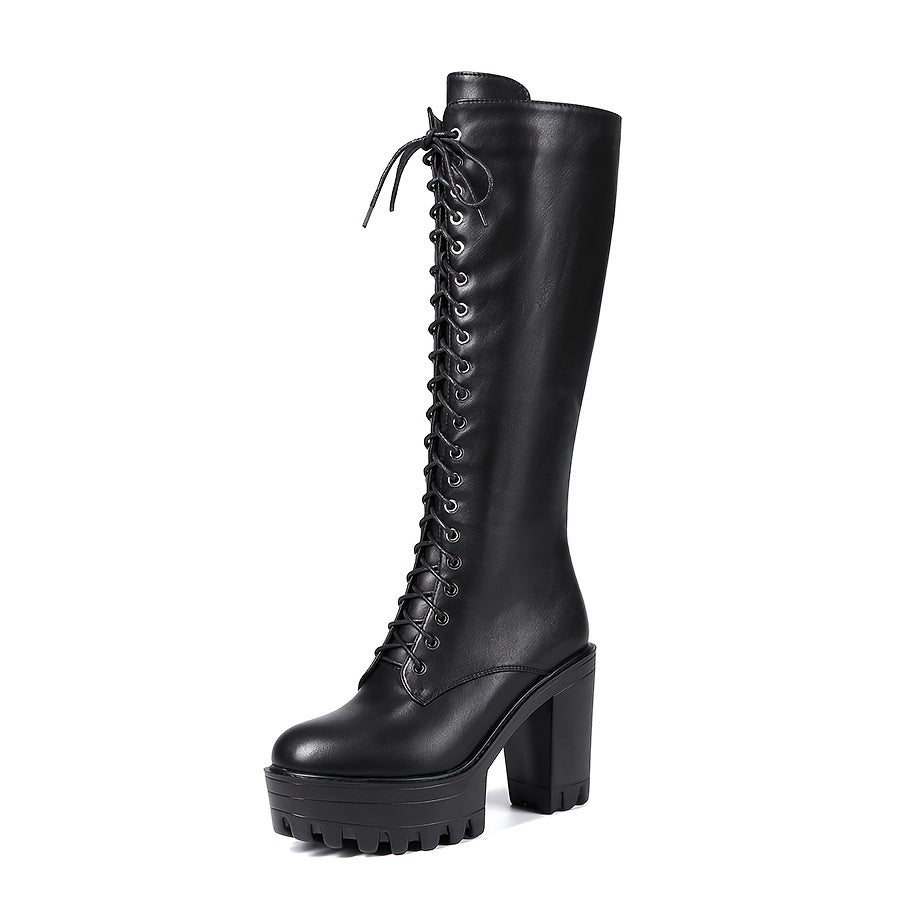 Women’s Mid-Calf Lace-Up Riding Boots Solid Color Platform Heel