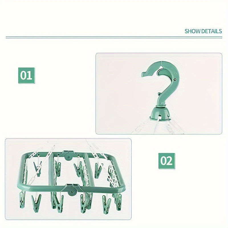 Foldable Clothes Organizer with 32 Clips for Socks and Underwear in Pink Blue Green