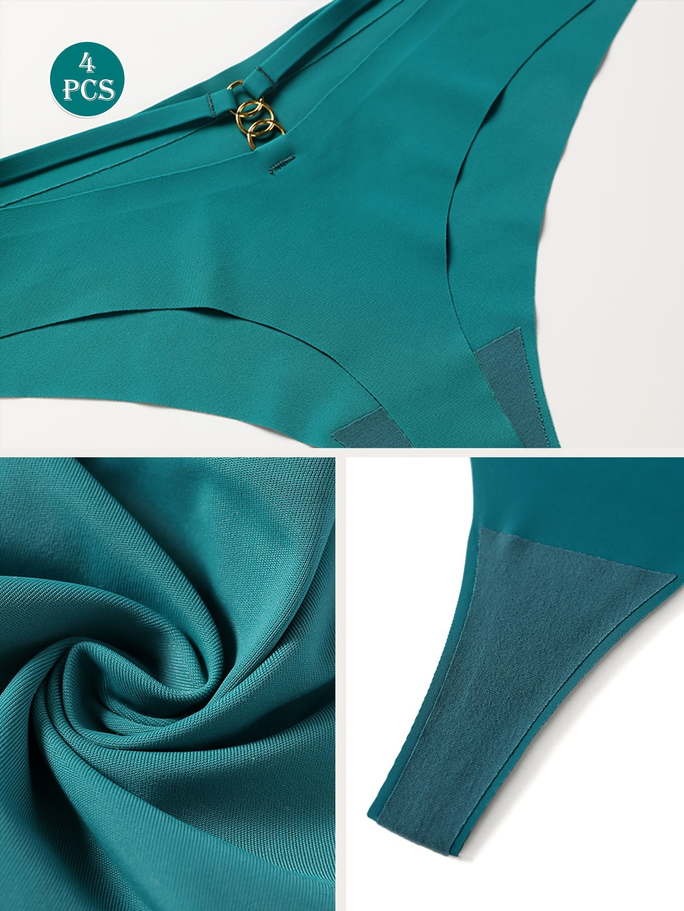 4 ta jozibali ayollar uchun qizil va rangli, past bel V-qo'shlar, nafas oladigan nylon va elastan aralashmasidan tayyorlangan.