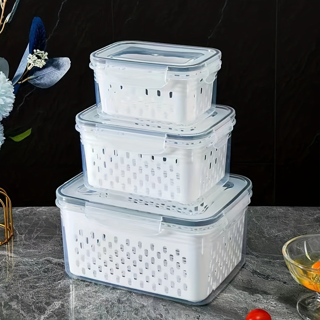 3 Pack Fresh-Keeping Food Storage Containers with Drainage and Refrigerator Use