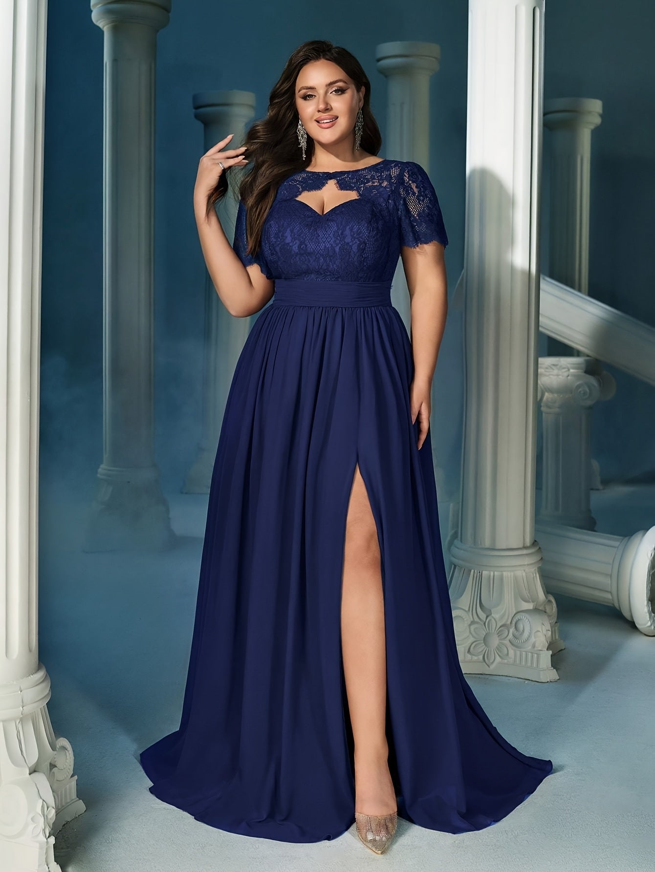 Vestido largo de noche de mujer talla grande con encaje, cintura alta, vestido formal