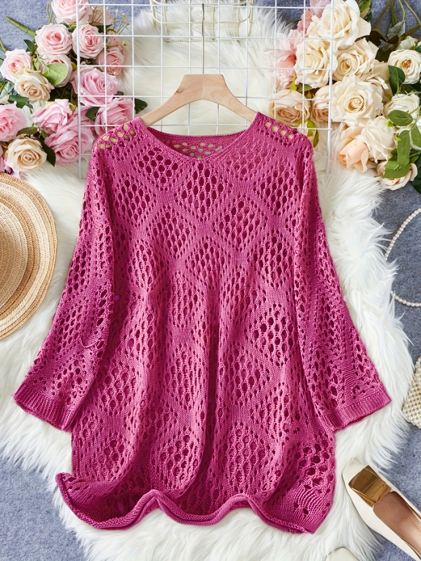 Top de playa de encaje para mujer talla grande con escote en V para vacaciones