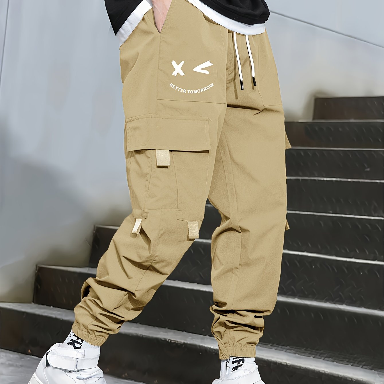 Men's Cargo Pants with Multiple Pockets Polyester Loose Fit Drawstring Waist Casual Outdoor Streetwear
