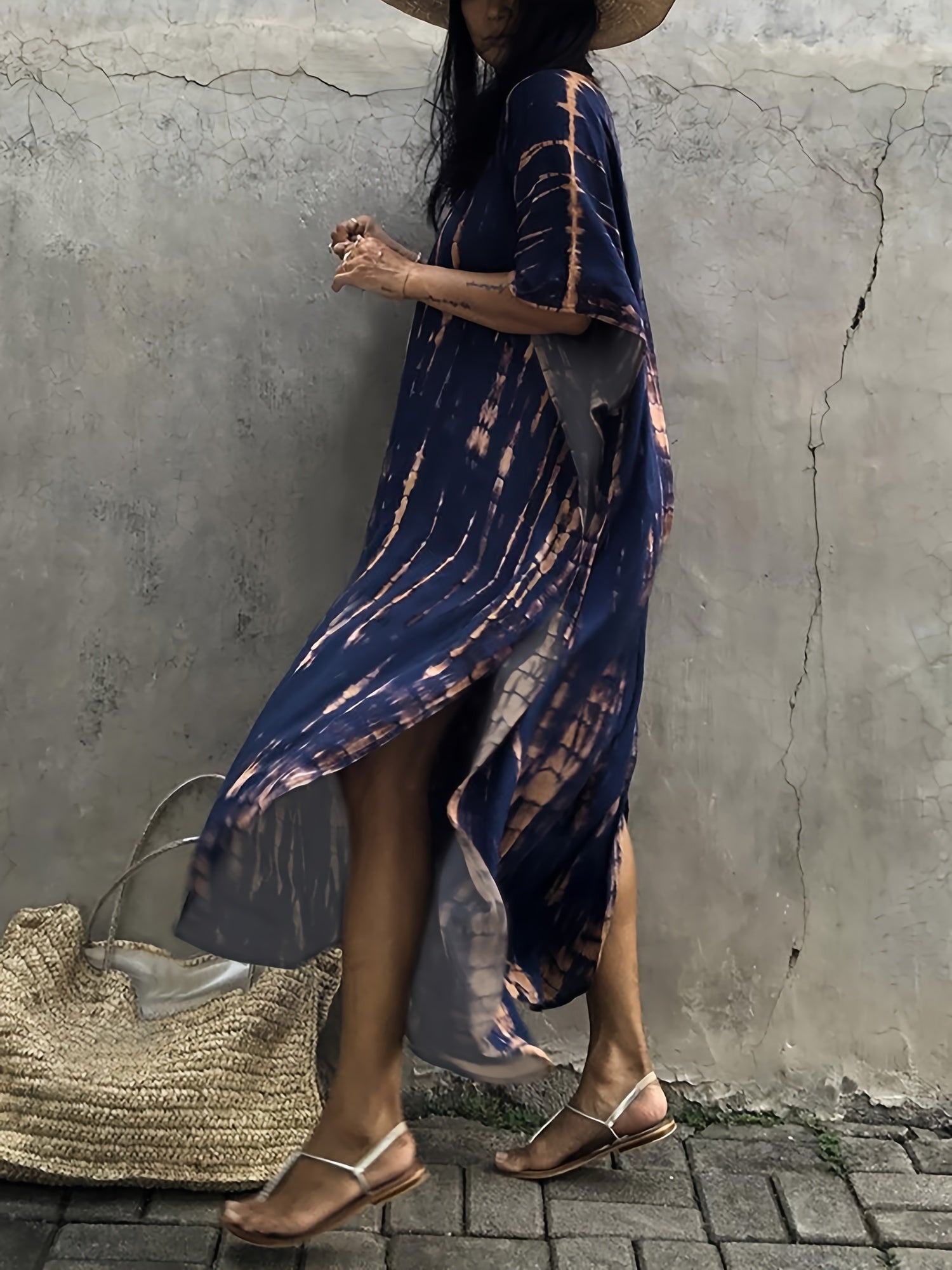 Плюс сайз туника-кафтан с эффектом тай-дай, V-образный вырез, рукава-крылья, женская одежда