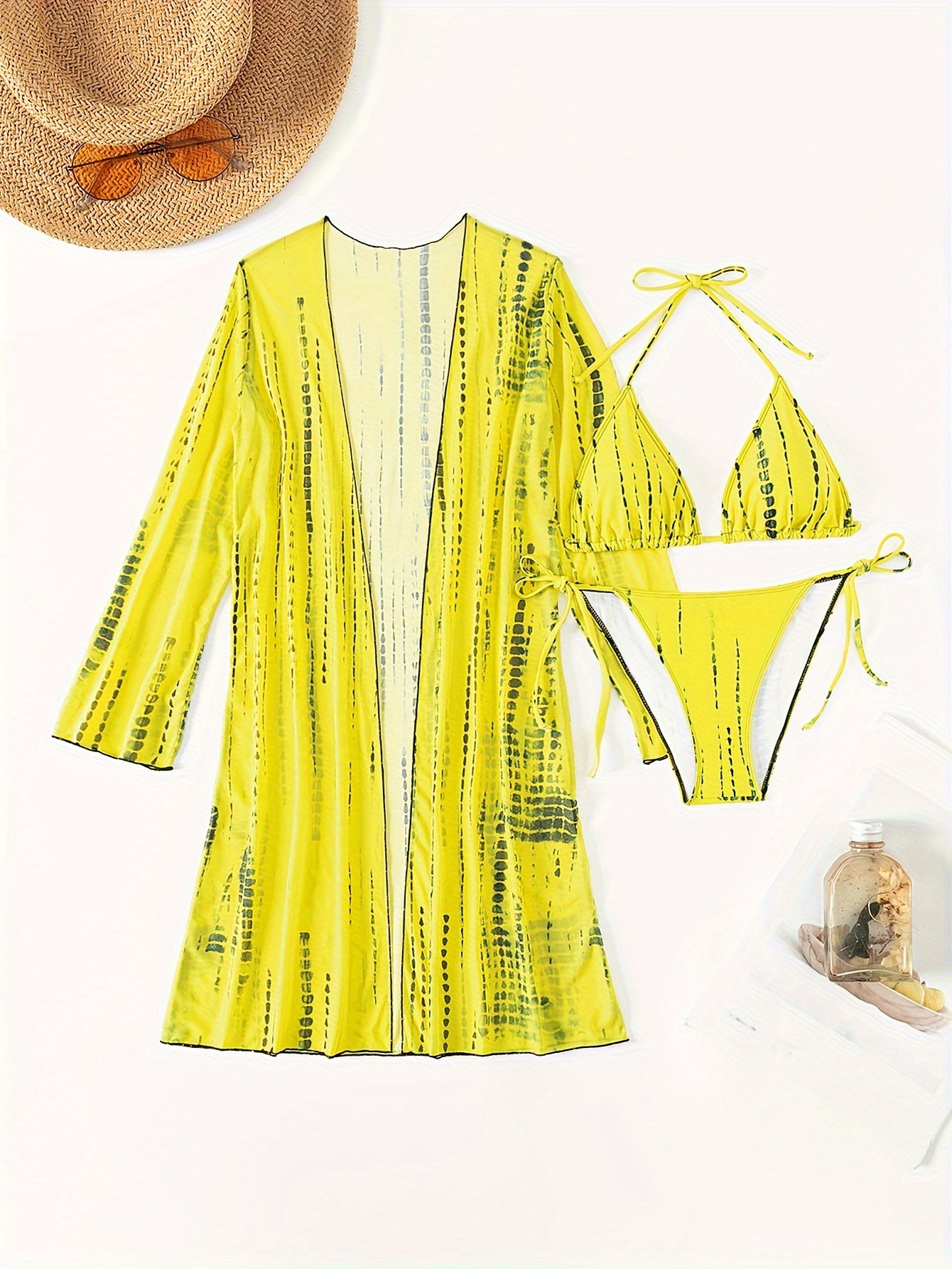 Women's 3-Piece Bikini Set with Sheer Mesh Shawl High-Waisted Swimsuit and Long Sleeve Cover-Up