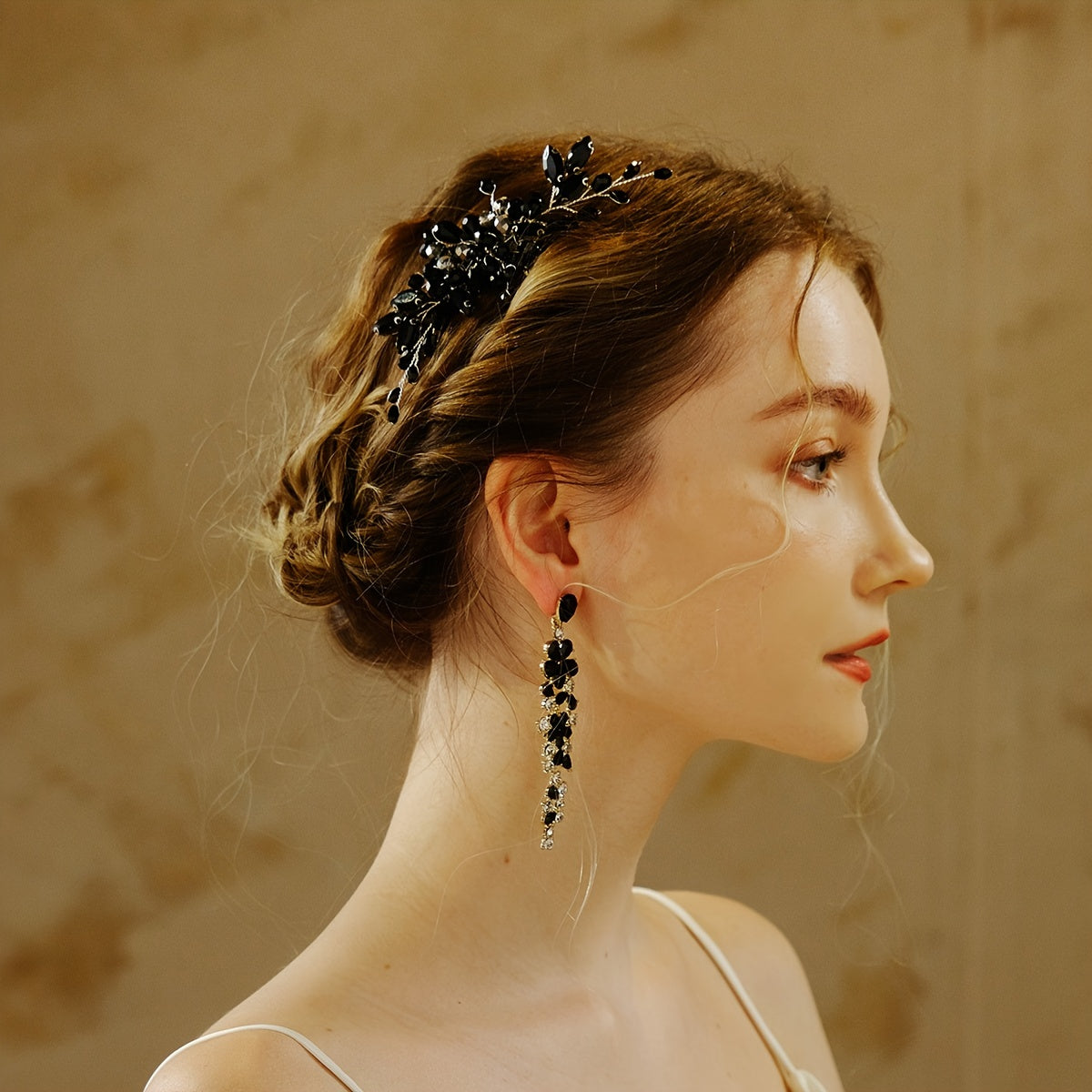 Black Hair Comb with Bridal Crystal Rhinestones and Bead Hair Clip for Weddings