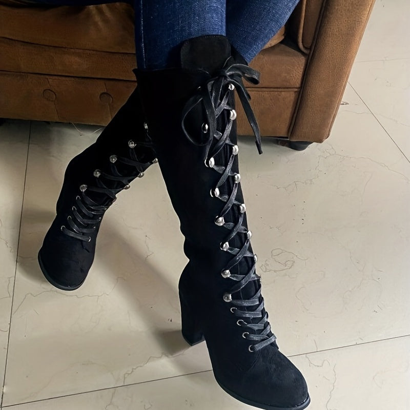 Women's Knee High Leather Boots Lace Up Chunky Heels Black Tall Shoes